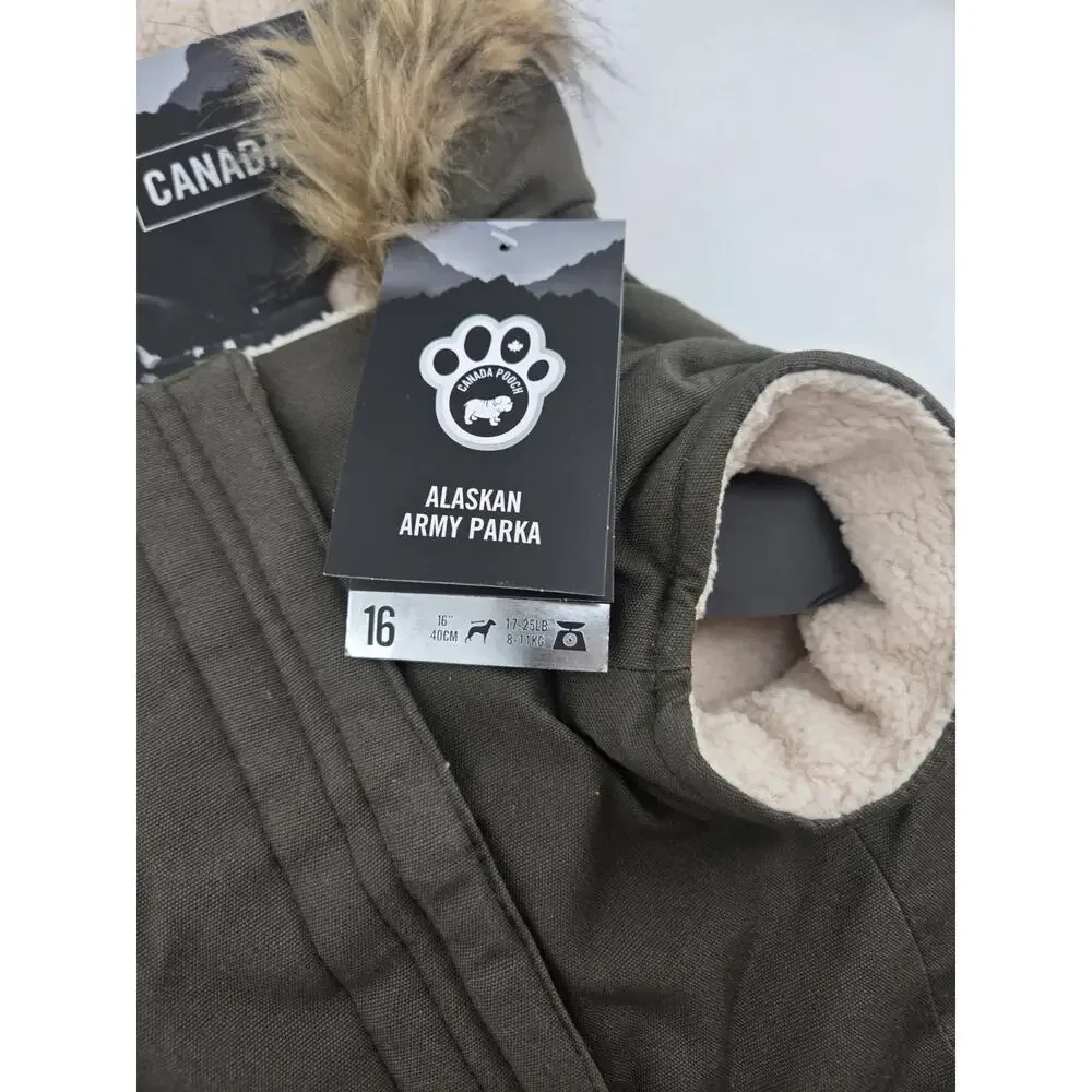 Canada Pooch Faux Fur Trim Sherpa Alaska Parka Army Green Dog Jacket Sz 16 NEW